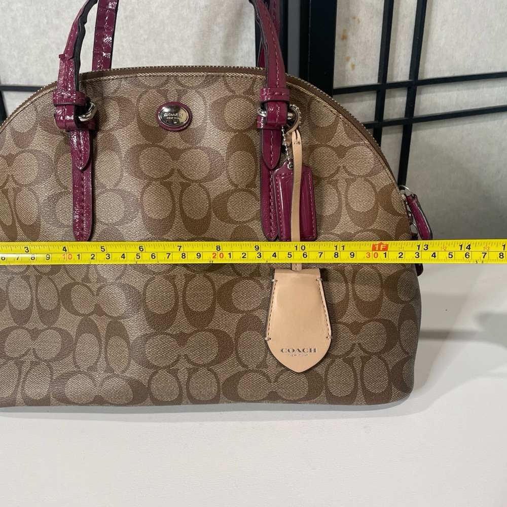 Coach Peyton Signature Cora Domed Satchel Bag Brown Coated Canvas Purple Leather - Picture 8 of 13